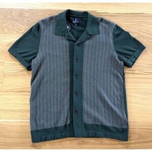 NWT Ben Sherman Shirt Mens L Green Gray Herringbone Knit Short Sleeve Button Up